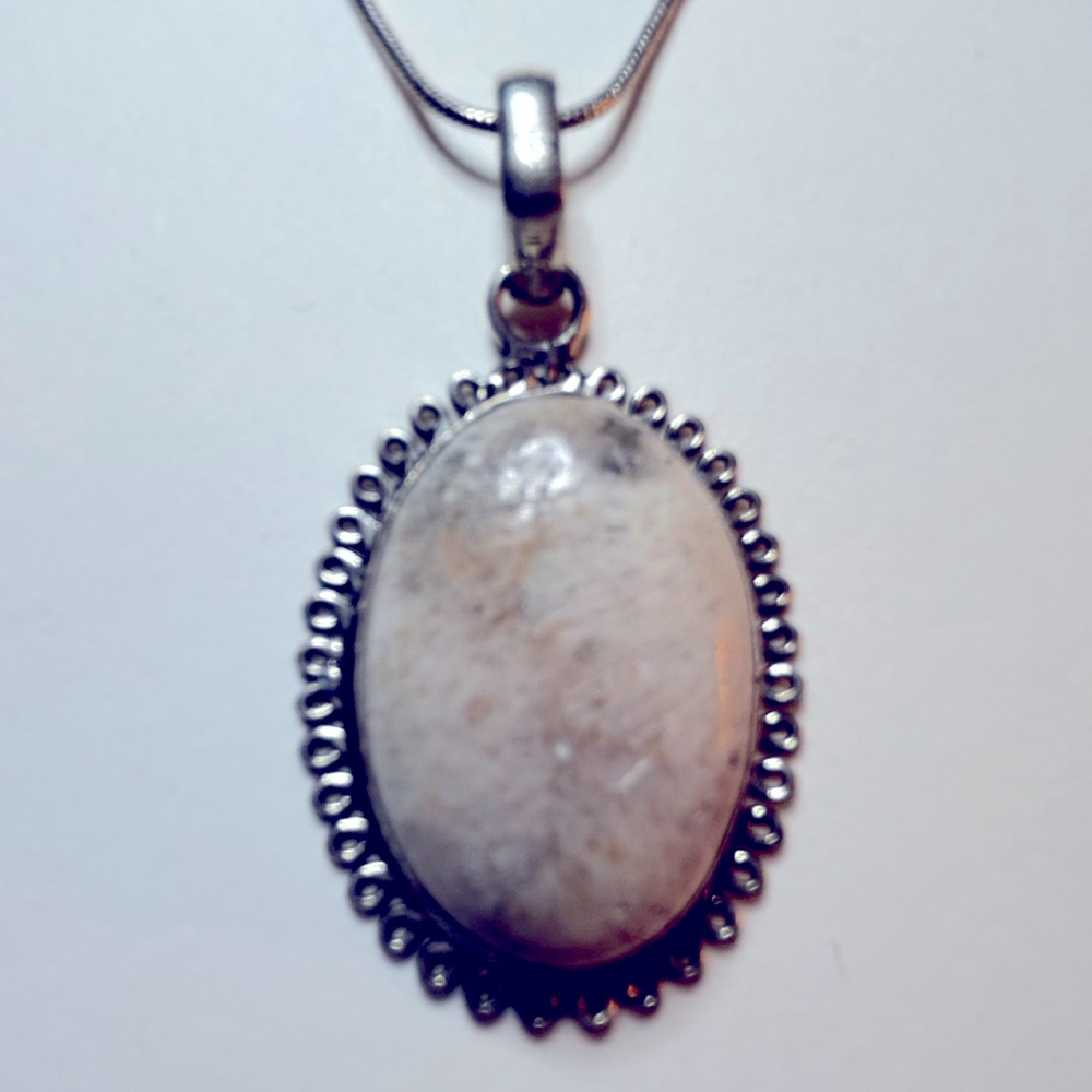 NWOT Necklace Fossil Coral cream gray 925 silverplate loop bezel/snake chain 18”